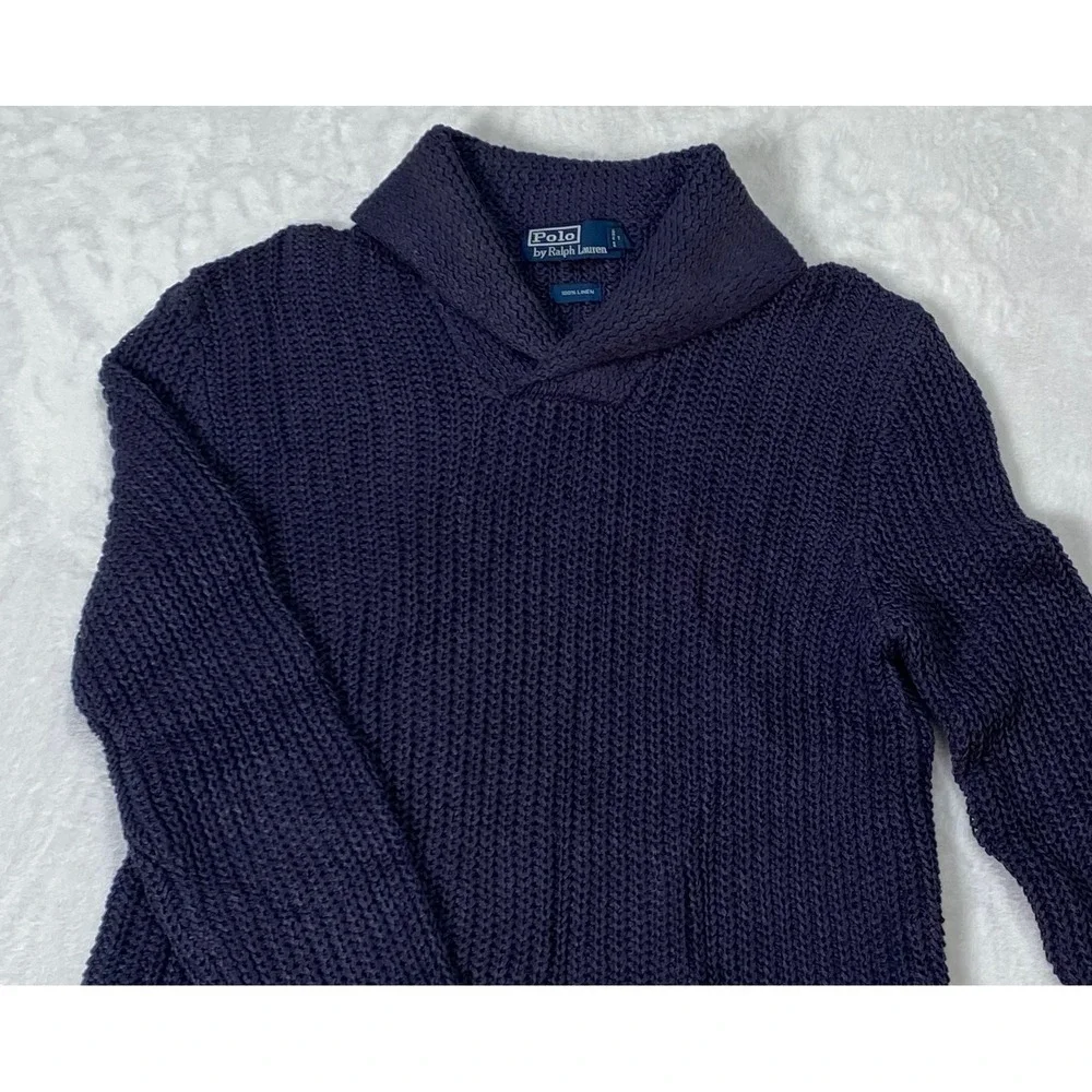Polo Ralph Lauren Mens Navy Blue 100% Linen Shawl‎ Collar Shaker Knit Sweater L